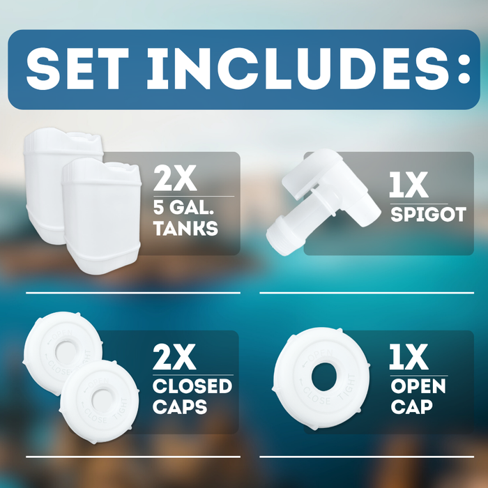 5-Gallon Stackable Water Storage Containers, 5 Gallons w/ 3 Lids + 1 Spigot, Easy Fill, Survial Supply Emergency Water Storage for Camping and Disaster Preparedness, RV, 10 Gallon (2 Tanks)