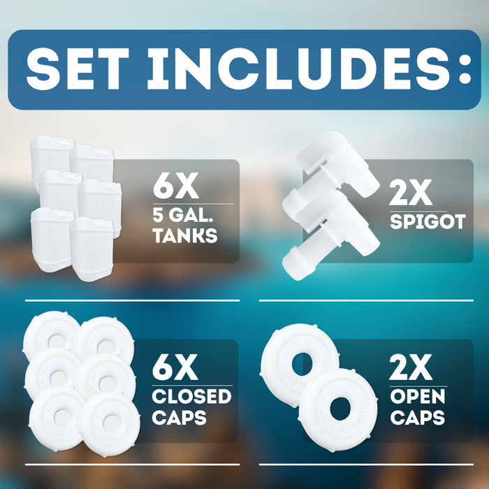 5-Gallon Stackable Water Storage Containers, 5 Gallon Tanks w/8 Lids + 2 Spigots, Easy Fill, Survial Supply Emergency Water Storage for Camping and Disaster Preparedness, RV, 6 Tank, (30 Gallon)
