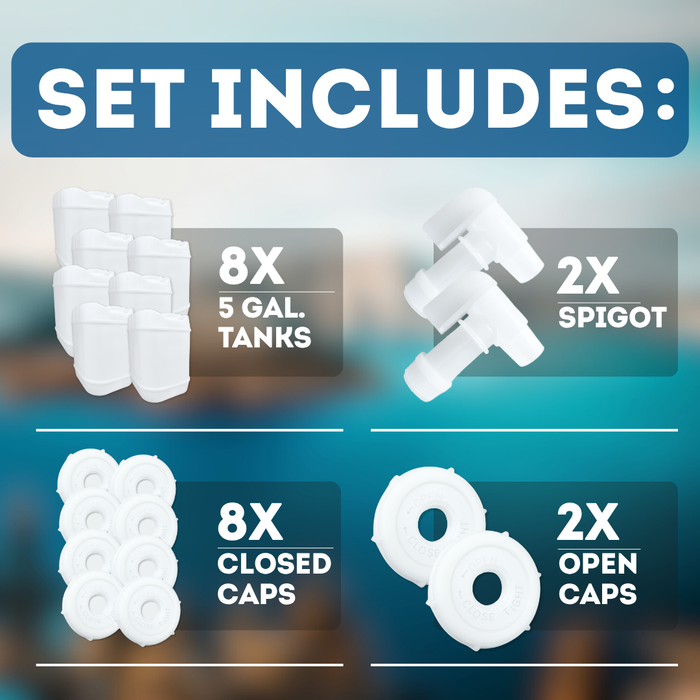 5-Gallon Stackable Water Storage Containers, 5 Gallons w/10 Lids + 2 Spigot, Easy Fill, Survial Supply Emergency Water Storage for Camping and Disaster Preparedness, RV, 40 Gallon (8 Tanks)