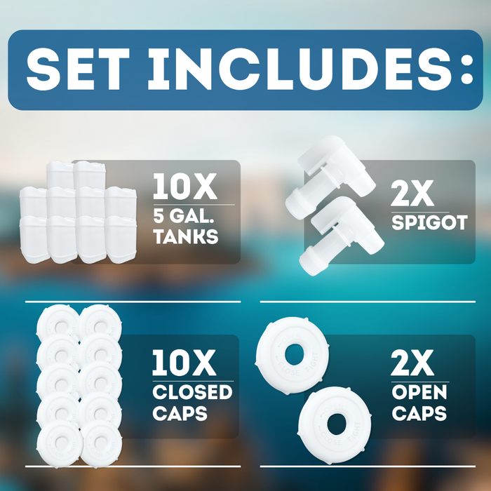 5-Gallon Stackable Water Storage Containers, 5 Gallon Tanks w/12 Lids + 2 Spigot, Easy Fill, Survial Supply Emergency Water Storage for Camping and Disaster Preparedness, RV, 50 Gallon (10 Tanks)